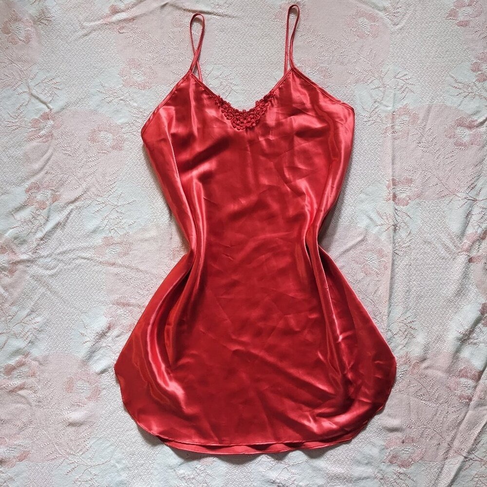 Vintage Red Liquid Satin Chemise Slip Dress M Mini Lingerie Glam Romantic Moods